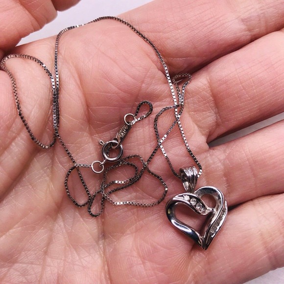 14K White Gold Necklace Box Chain 10K Heart Charm Diamonds...